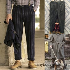British Men Herringbone Striped Trousers Wool Blend Tweed Dress Pant Casual Pant