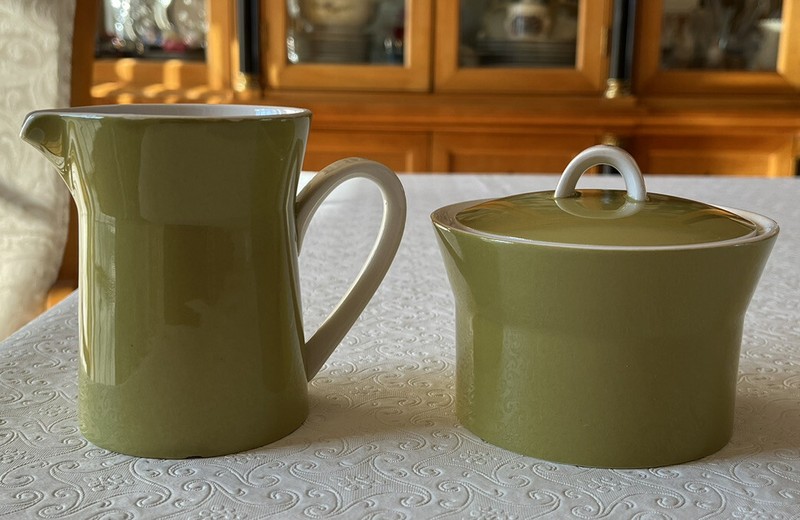MCM Mikasa Ben Sibel Duplex Sugar Bowl W/Lid & Creamer Green White AS IS