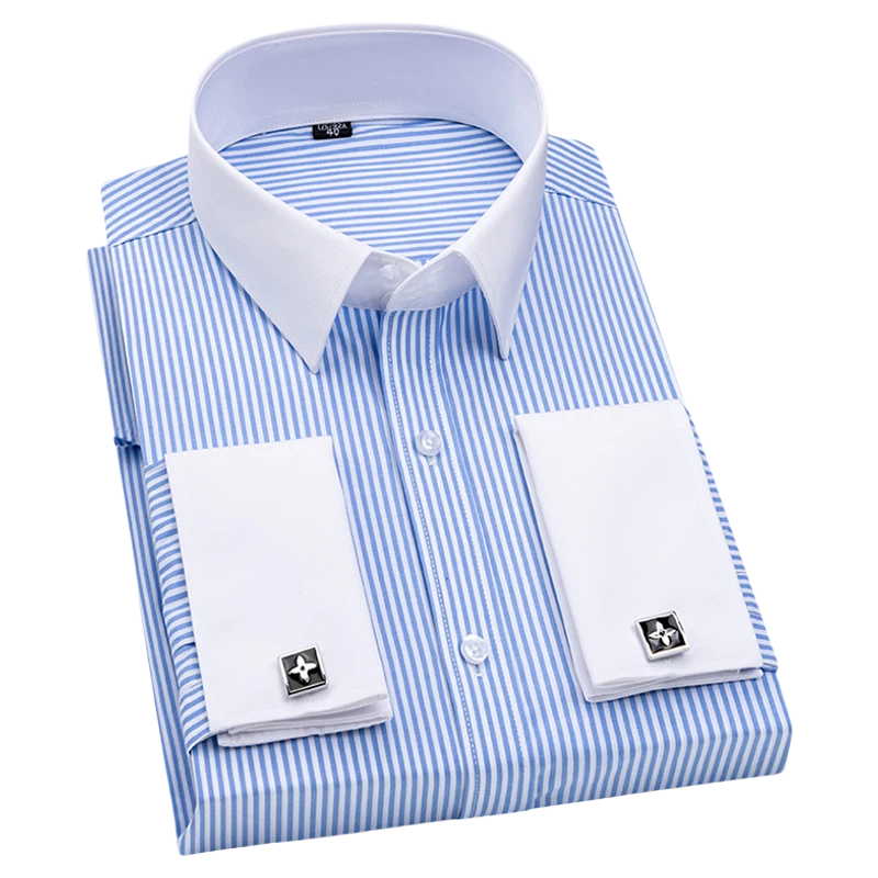 Mens Dress Shirts The White Collar Luxury Slim Fit French Cuff Formal Shirts Top - Image 2 of 4