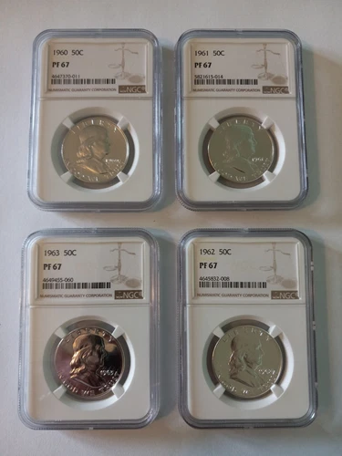 1960 - 1963 Franklin Silver Half Dollar, NGC PF67, 4 Coin Lot, White Label