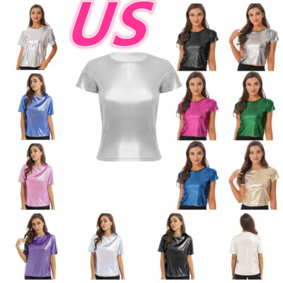 Women's Shiny T-shirt Holographic Metallic Shirts Soft Glitter Blouse Rave Party