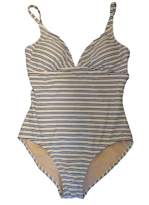 Kona Sol White w/ Dark Blue Stripe High Coverage 1-Piece Swimsuit, M(8-10)