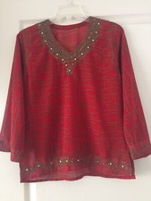 Red/Green Chiffon Women Kurta/Kurti/tunic tops Indian/Pakistani