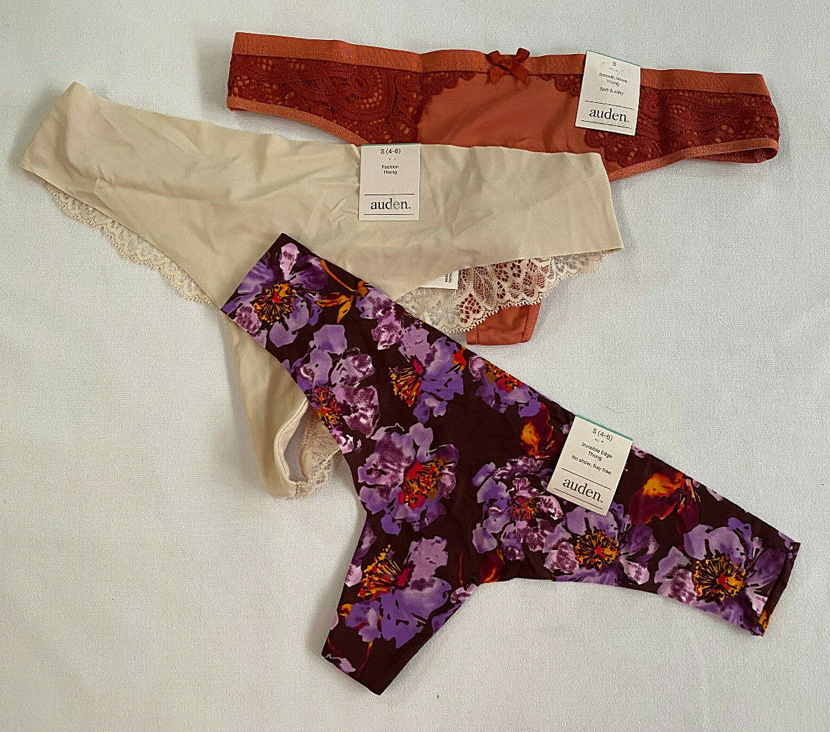 WOMENS S (4-6) AUDEN MICROFIBER, LACE & NO SHOW SMOOTH LOW RISE