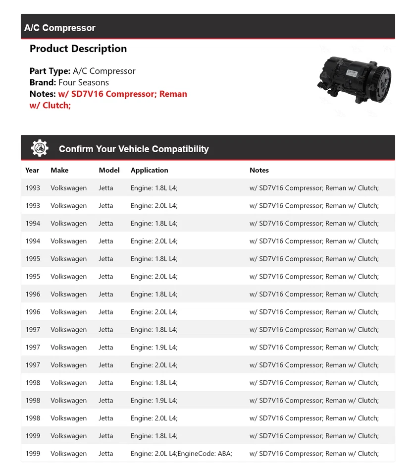 Compresor de aire acondicionado para Volkswagen Jetta 1993-1999 4 estaciones 1994 1995 1996 1997 1998 Foto 2 de 4