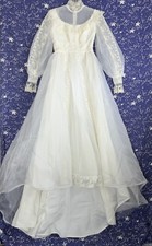Vintage 70s Sheer Lacy Overlay Prairie Wedding Dress Bust 32 Small