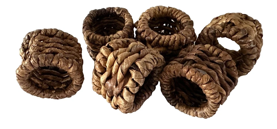 Juego de 6 servilleteros tejidos de mimbre ratán decoración tropical natural Foto 2 de 2