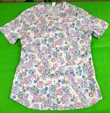 Barco white multicolor floral print women's button up scrub top size s