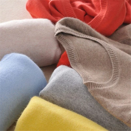 Suéter de punto de mezcla de lana y cachemir para mujer suéter de cuello redondo color liso - Imagen 7 de 47