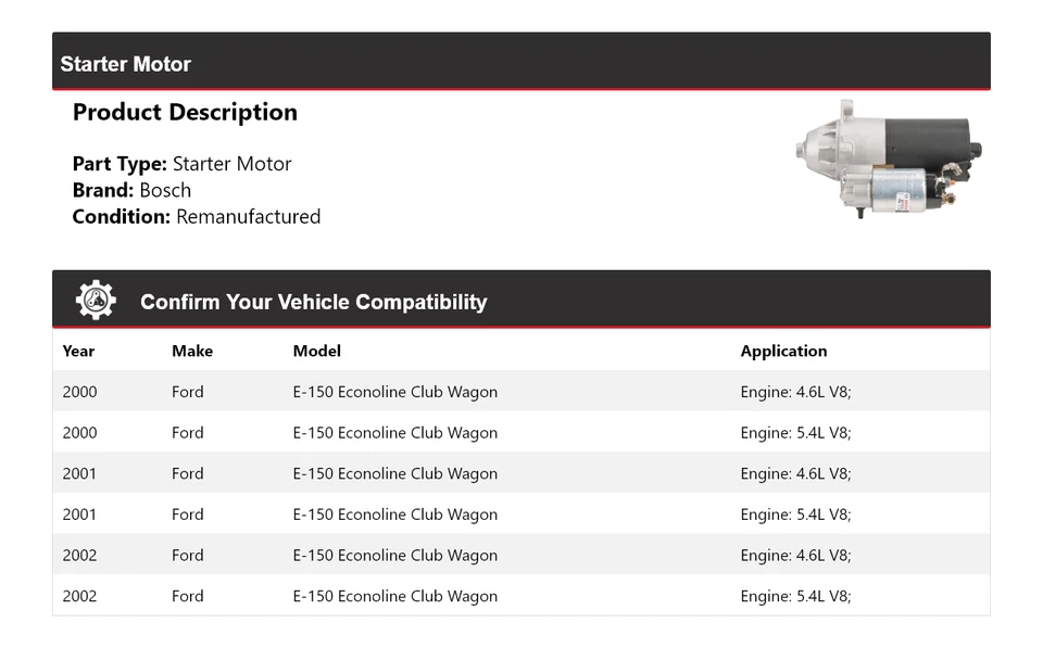 Arranque Bosch para Ford E-150 Econoline Club Wagon 2000-2002 (remanufacturado) Foto 2 de 4