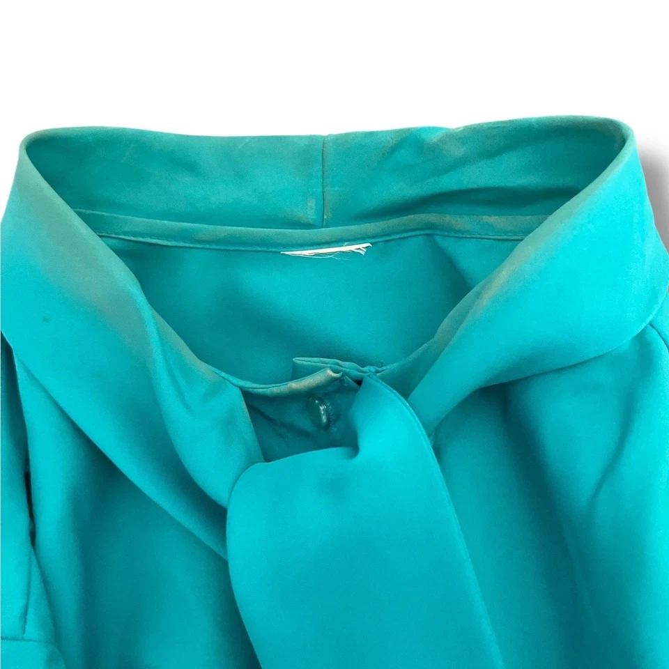 Vintage Turquoise Secretary Blouse 80s Long Sleeve Tie Neck Womens Size XL - Image 4 of 4
