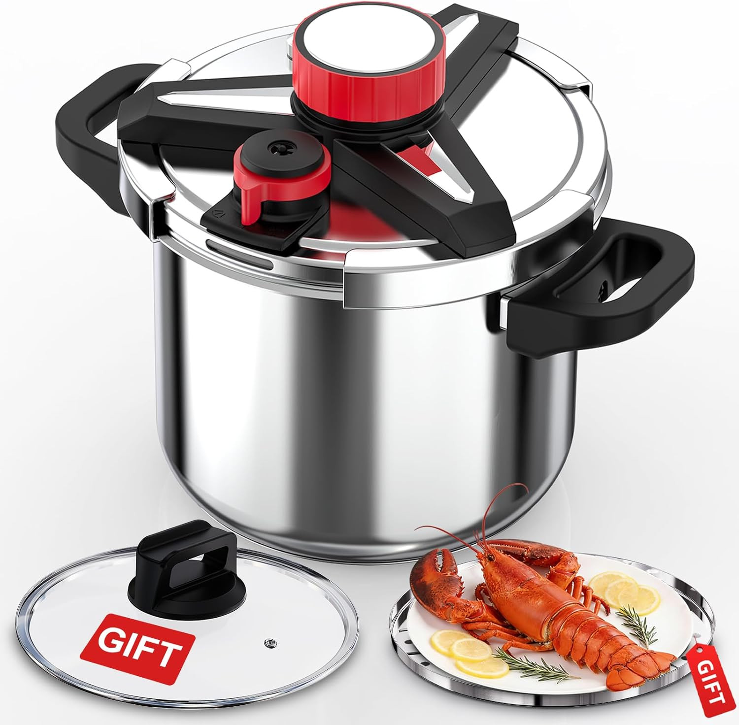 10 Quart Stainless Steel Pressure Cooker, Induction & Gas Compatible, 3-in-1