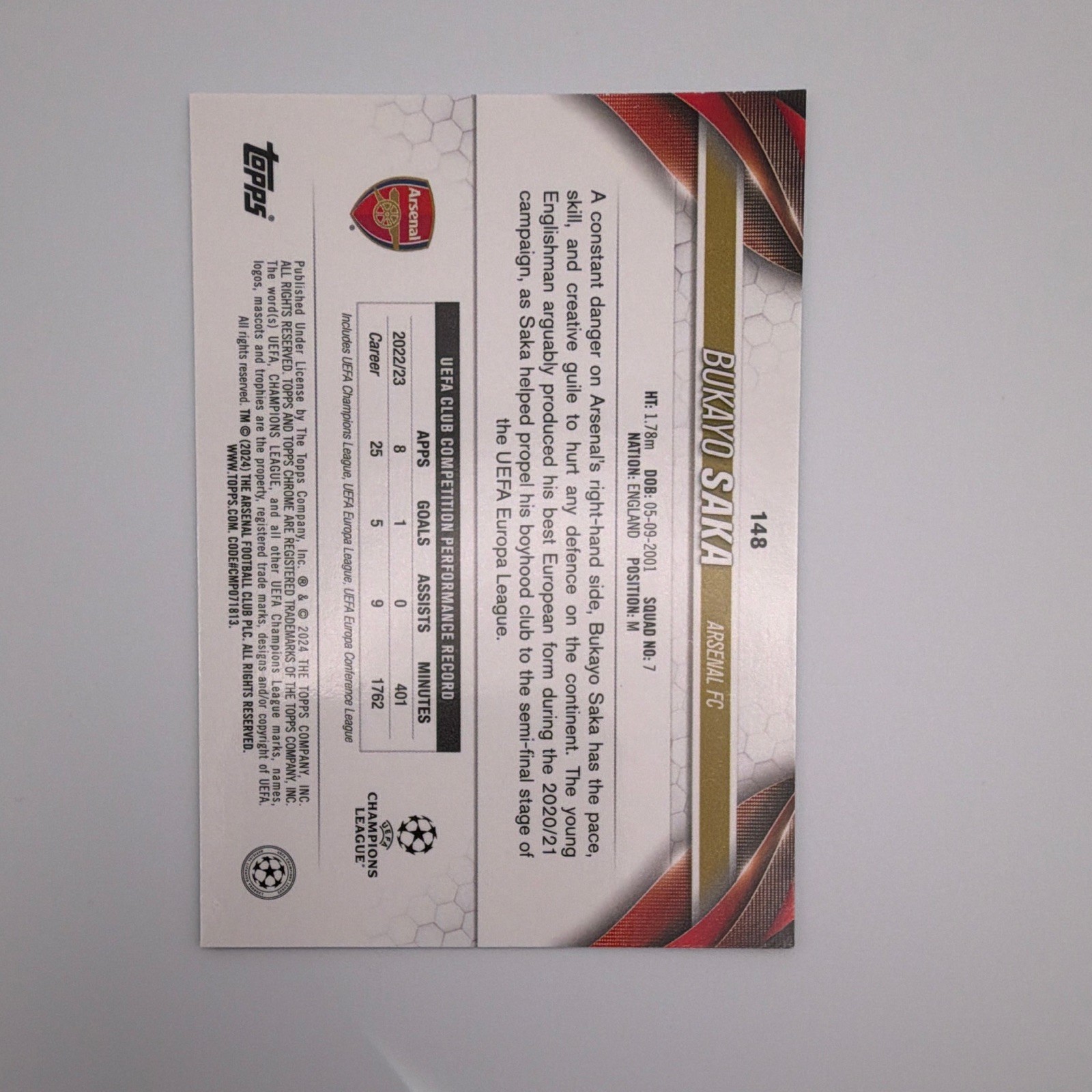 Topps Chrome UEFA Club Competitions Bukayo Saka Arsenal FC #148 Aqua 2022-23 view 2