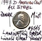 1943 D American Cent AU Steel Obverse Lamination Error Die-Cracks Lincoln Wheat