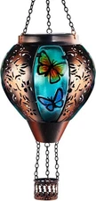 Hot Air Balloon Outdoor Solar Lantern with Flickering Flame, Hanging Warm