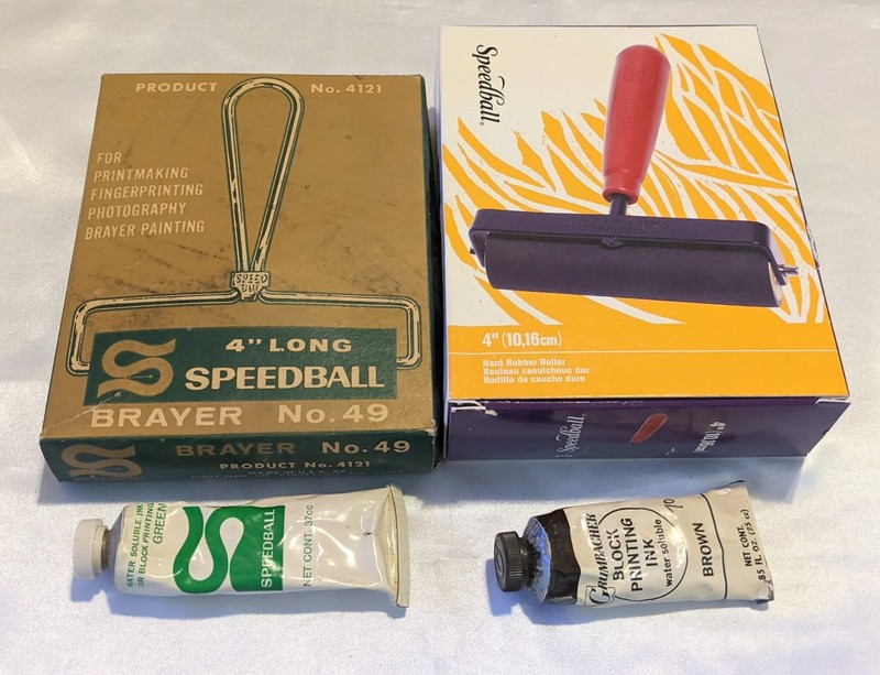 Vintage SPEEDBALL 4" Brayer #49 + Modern 4" Roller IOB with Brown and Green Ink 