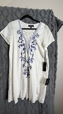 Lulu's Down In Kokomo Shift White Blue Embroidered Dress Lace Up Coverup Medium