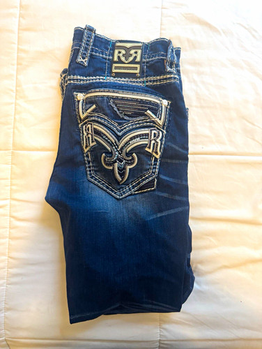 Rock Revival Men's Dark Wash Blue Denim Slim Straight Low Rise Embroidered Logo