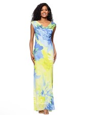 NWT Betsy & Adam Sz 8P Citrine Abstract Floral Cowl Neck Chiffon Gown Formal