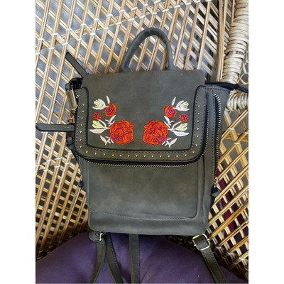 Rose Embroidered Olive Green Women's Backpack Purse