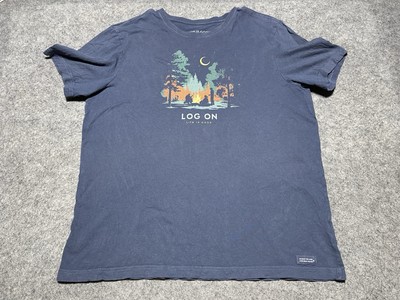 Life Is Good Men's Crusher Tee Large Blue Campfire LOG ON outdoors Tent Shirt