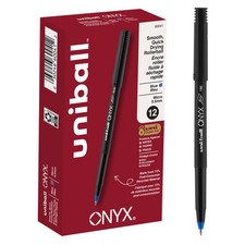 uni-ball Onyx Rollerball Pens, Micro Point, 0.5 mm, Black Barrel, Blue Ink, Pa
