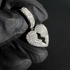 Silver Plated ice Out Pavé Clear CZ Broken Heart Mens Hinge Dangle Earrings 