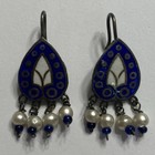 ANTIQUE STERLING SILVER ENAMELLED BLUE EARRINGS PEARL TEARDROP MIDDLE EASTERN
