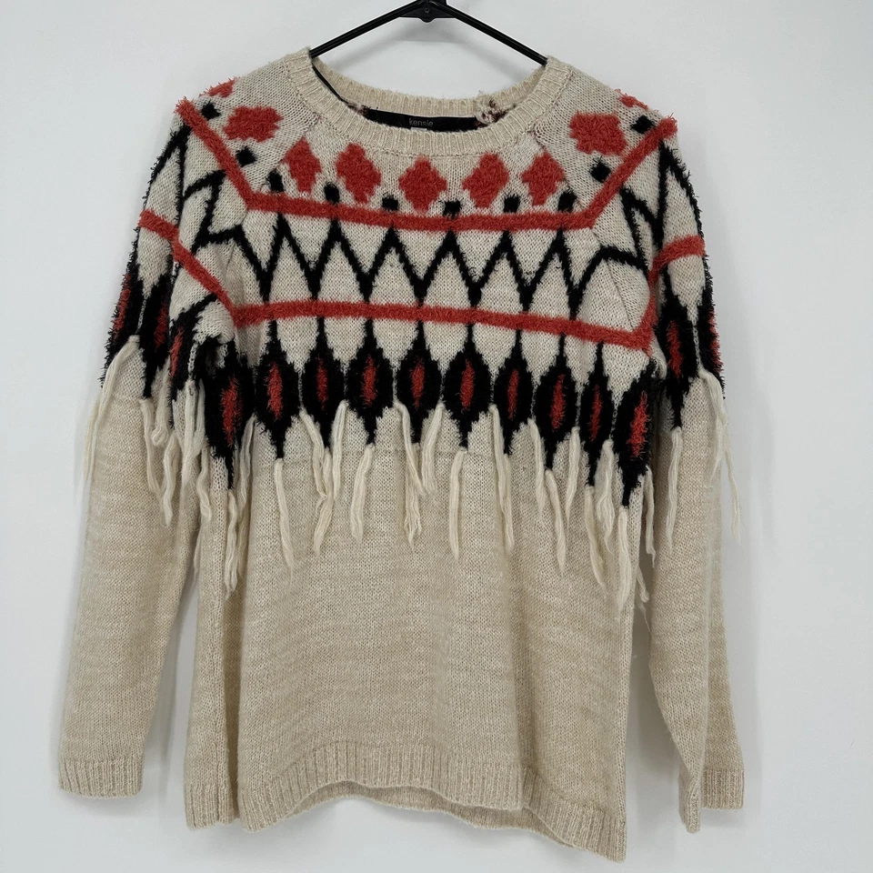 Kensie Sweater Womens XS Cream Black Red Fringe Knit Pullover Aztec Pattern Boho - Image 2 of 4