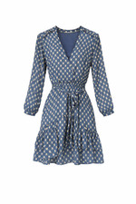 Co’Couture Tea Dress Blue Print Tie Waist Mini Chiffon L Boho Casual