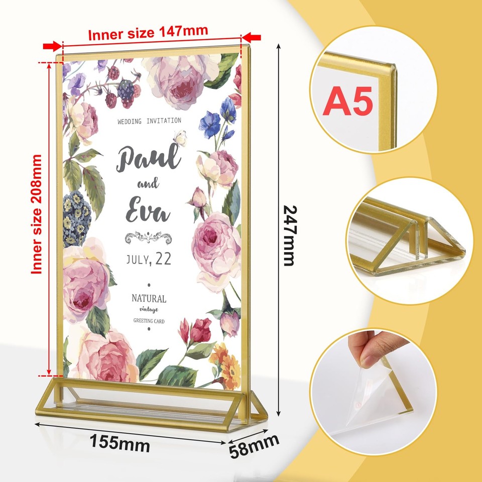 Efuturetime 12PCS Presentoir De Table En Acrylique A6, Porte Affiche Doré, Cadre Photo Double