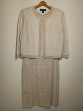 St John Dress Suit Beige With Gold Tone Jacket Tweed Dress Sz 8