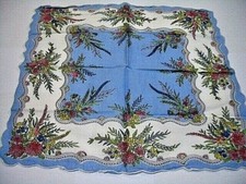 VINTAGE HANKIE WHITE BLUE GREEN WILD FLOWERS FLORAL HANDKERCHIEF 11" x 10"