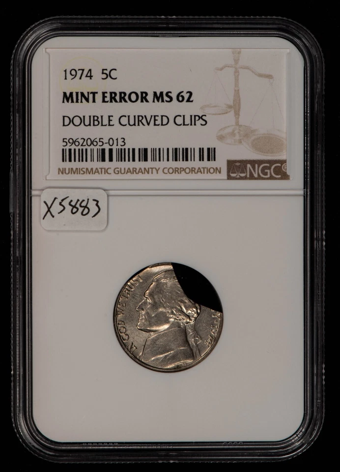 1974 5c Jefferson Nickel - Mint Error Double Curved Clips - NGC MS 62 - X5883 - Image 2 of 4