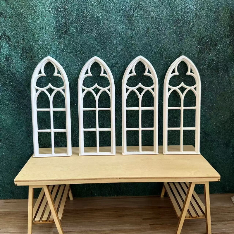 4PC 1/12 Scale Dollhouse Miniatures Furniture Gothic Windows Unpainted Accessory - Image 3 of 4