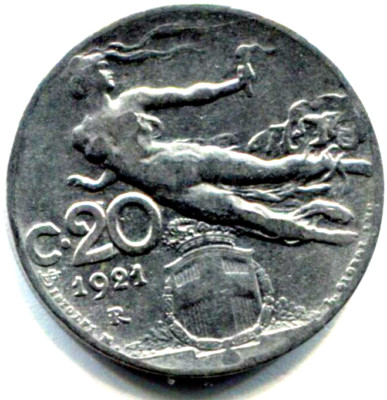 COIN, 1921 Kingdom of Italy 20c FLIGHT Pre-Fascist era KM44 made of nickel /C110