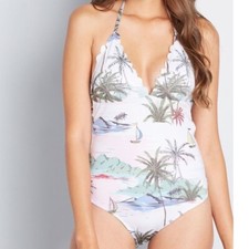 Modcloth The Brenda One-Piece Swimsuit, White, XS MSRP 69 Beach Boats Scalloped