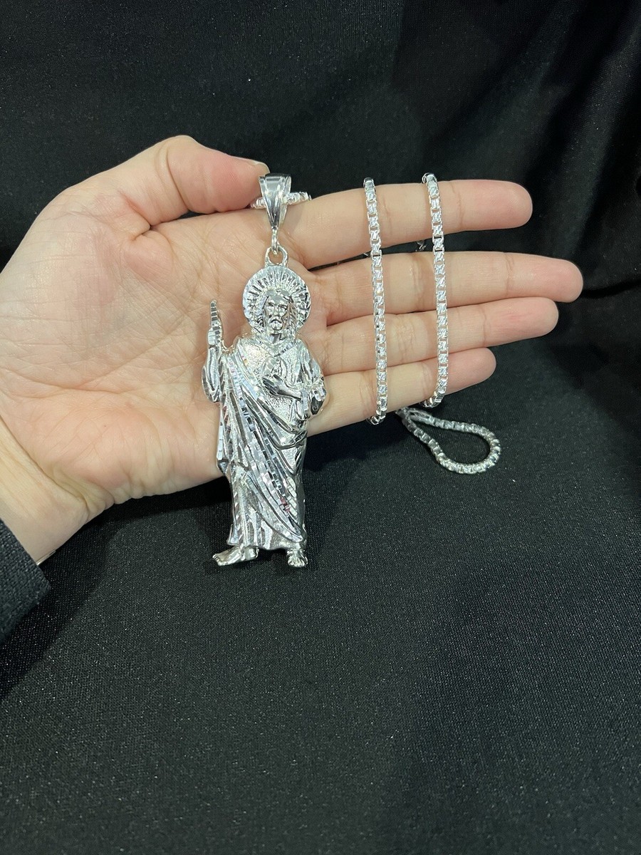 925 Sterling Silver Mens BIG St Jude San Judas Pendant & Box Chain