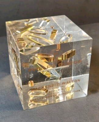 Phelps Dodge MacKenzie Walton Company Dimensional Tube Lucite paperweight  MCM
