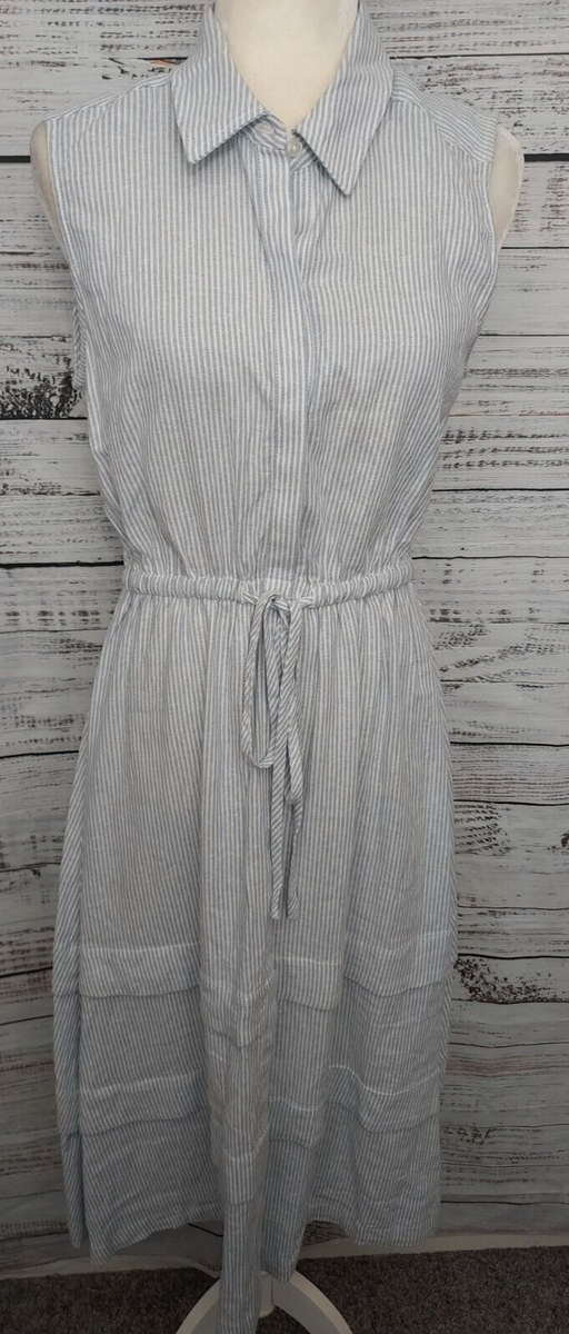 Calvin Klein Maxi Dress Womens 8 Blue Striped Linen Blend Sleeveless  Drawstring
