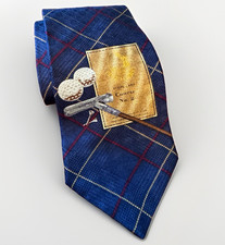 Pinehurst No. 2 Men's Woven Silk Tie Blue Plaid Golf/Sports Logo made in USA