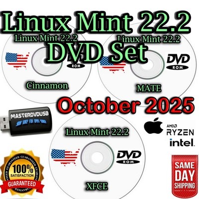 Linux Mint 22.2 Bootable 3-DVD Set   Cinnamon, MATE & XFCE Same Day Shipping USA