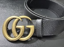Authentic Unisex Black Leather Gucci Marmont Wide Belt Size 120cm Gold GG