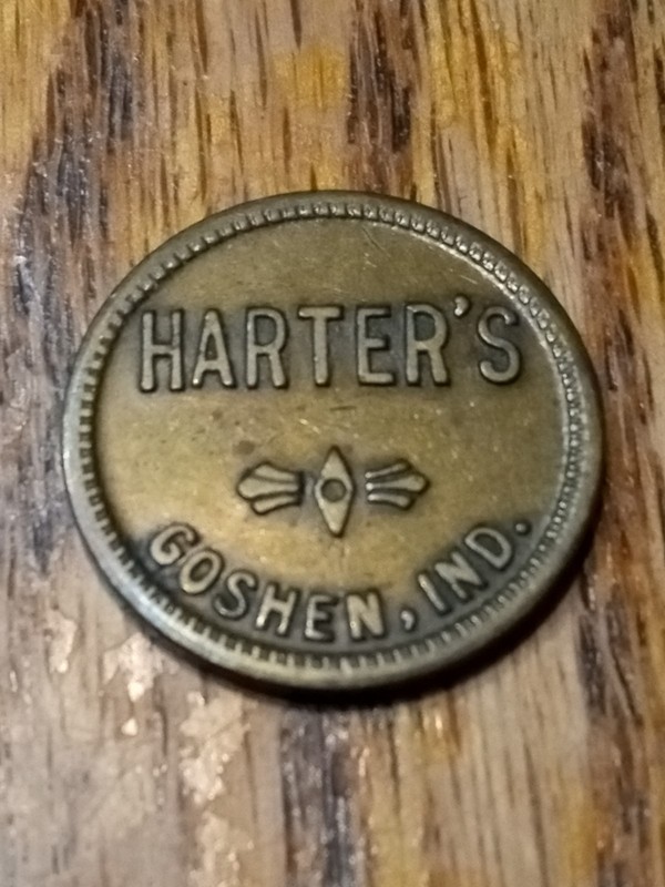 Harter's Goshen, Ind. Good For 5¢ In Merchandise Brass Token Nickel Size