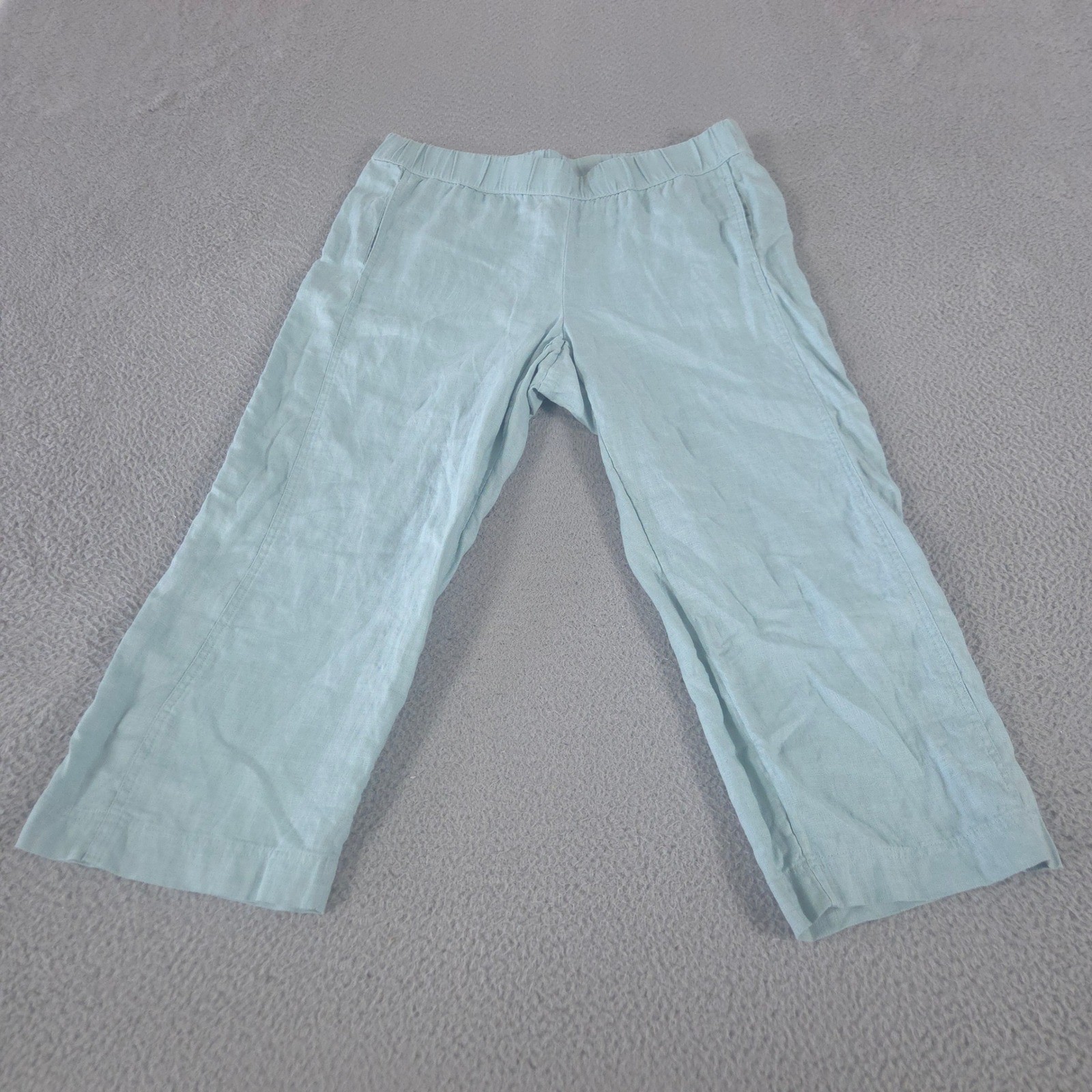 Pure Jill Pants Womens Large Aqua Blue Linen Cropped Straight Leg Elastic Waist