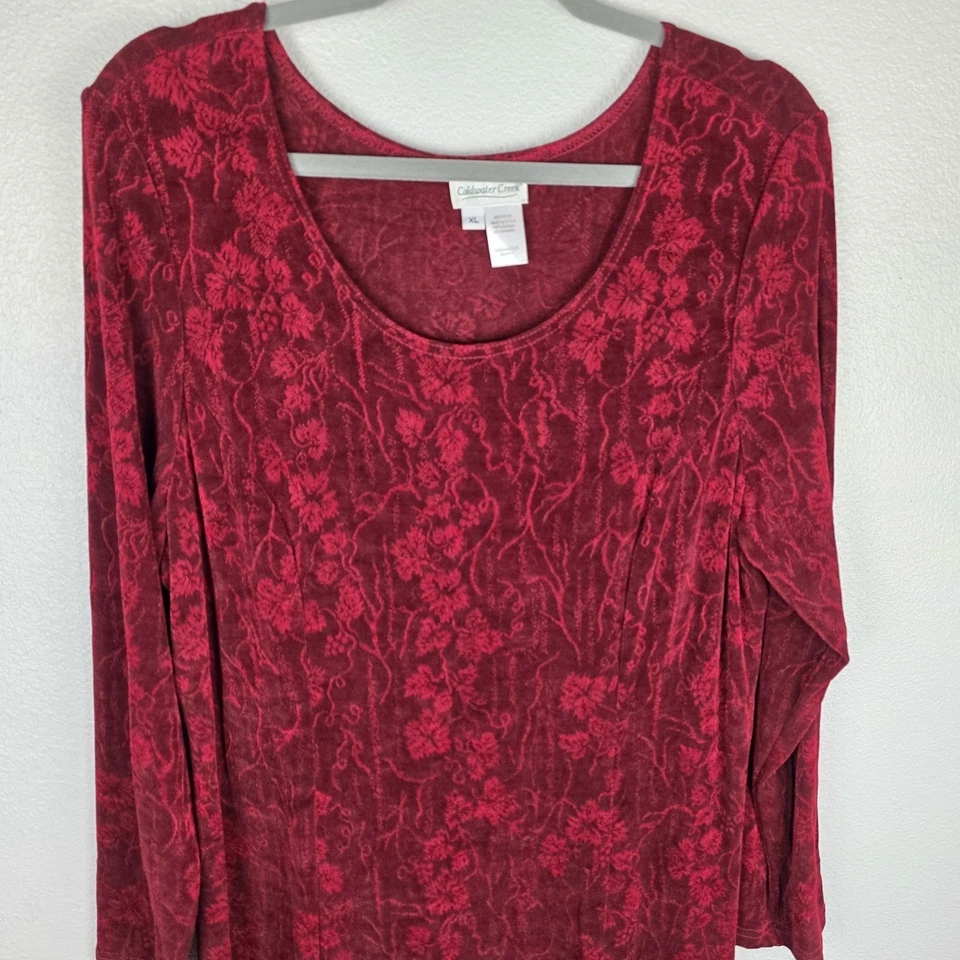 VTG Coldwater Creek Maxi Dress Womens XL Slinky Red Black Long Sleeve Whimsigoth - Image 2 of 4