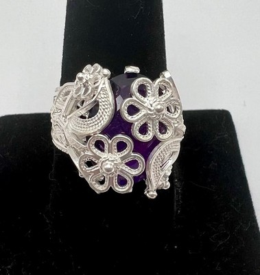 Osmanischer filigraner Silberring kräftiger Amethyst umwickelt, Größe 6.