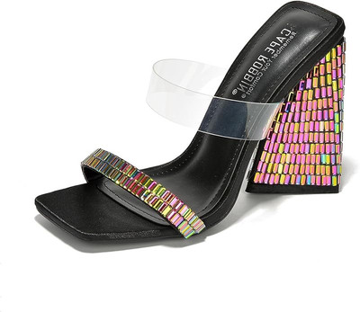 Cape Robbin Milus Slip On Chunky Heels Women s, Square Toe Rhinestone,Black,8