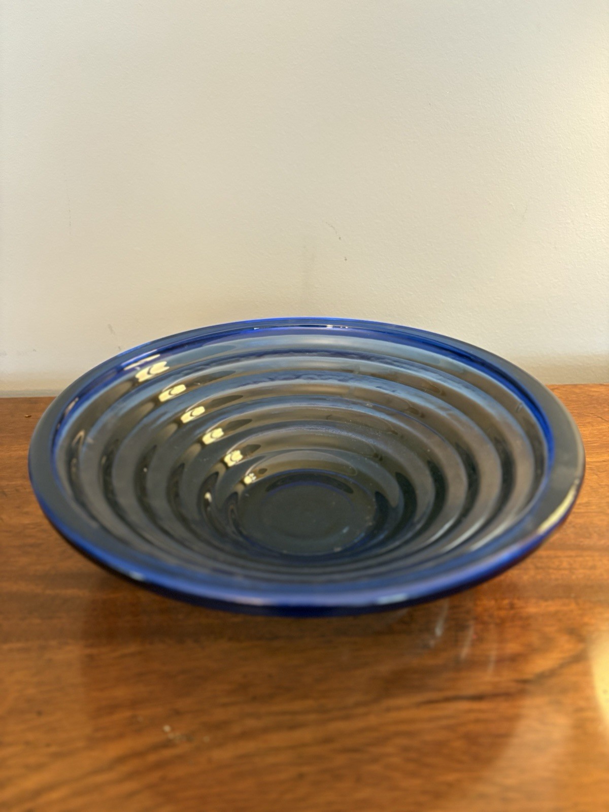 Vintage Cobalt Blue Glass Center Piece Ribbed Large Art Deco 13.75” Serving Bowl