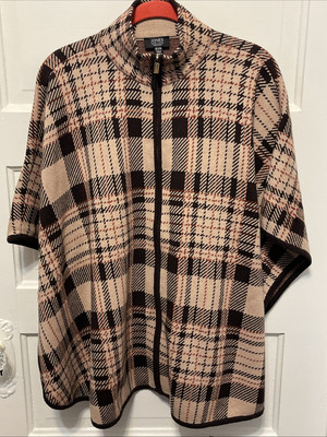 Jones New York Plaid Sweater Cape Wool Blend Oversized Poncho Sz L/XL CLASSIC
